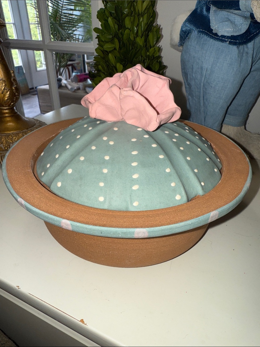 Dana Art Signed Handmade Terra Cotta Bowl with Barrel Cactus Design Lid